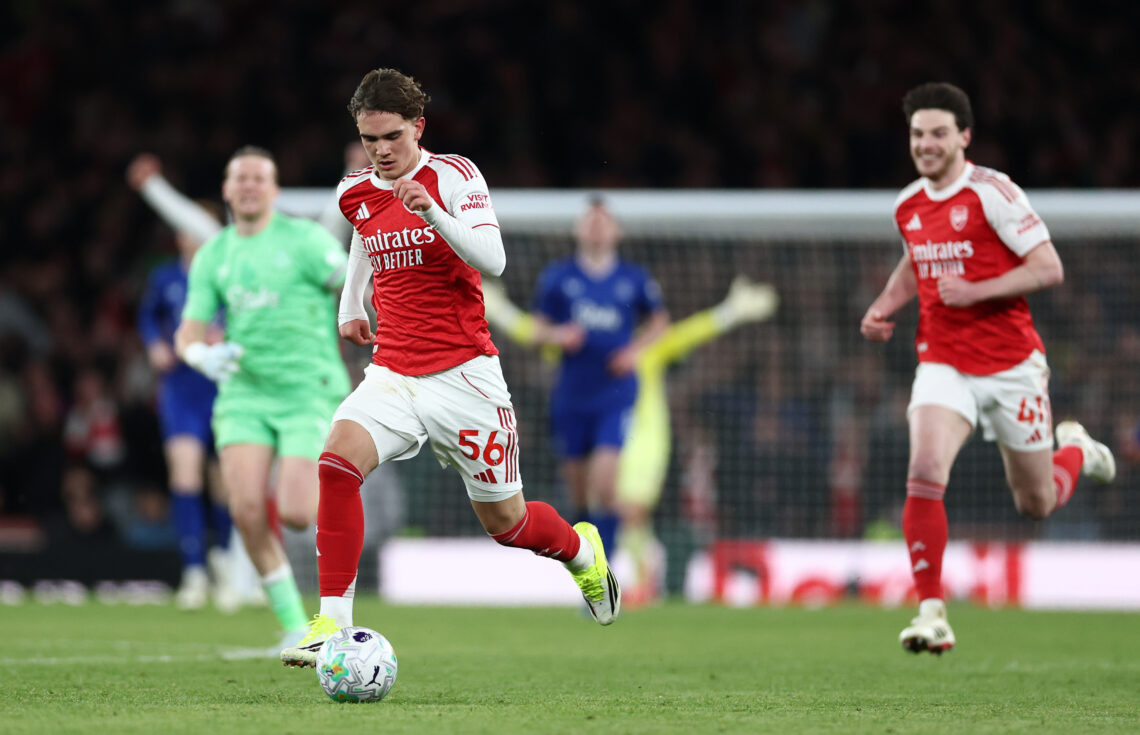 Max Dowman of Arsenal breaks through on his way to score his sides second goal during the Premier League match between Arsenal and Everton at Emira...