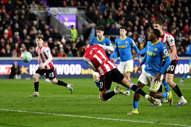 Reiss Nelson of Brentford has a headed shot during the Premier League match between Brentford and Wolverhampton Wanderers at Gtech Community Stadiu...