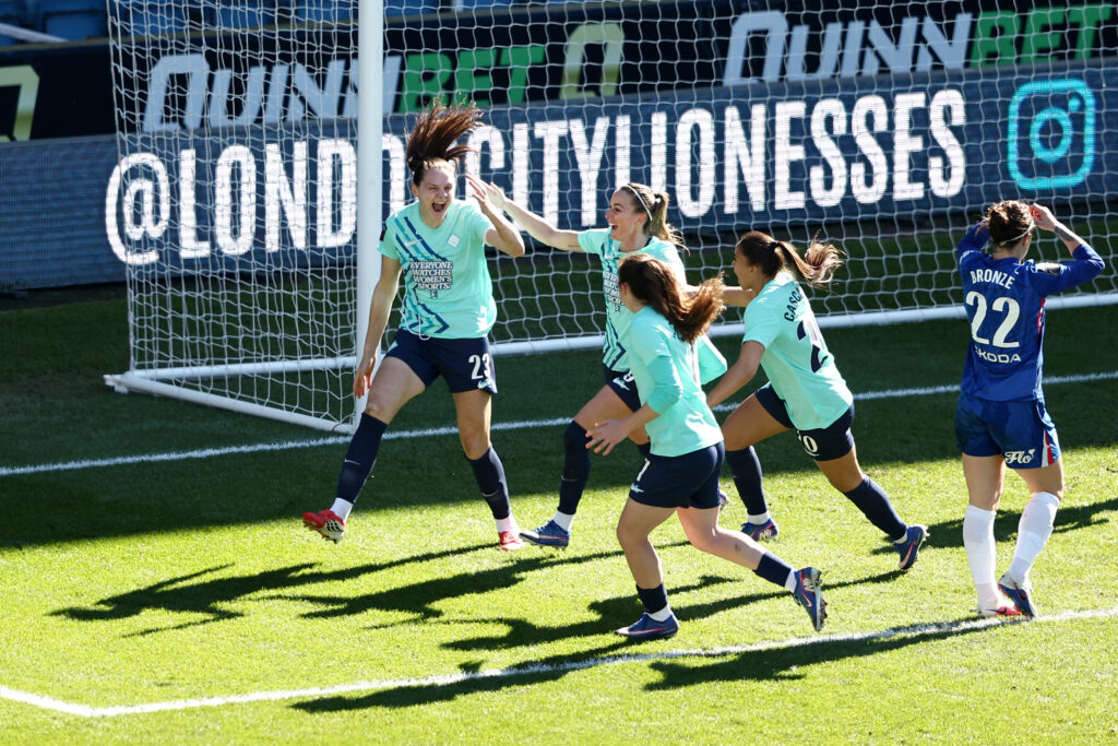 LONDON, ENGLAND - MARCH 21: Isobel Goodwin of London City Lionesses celebrates scoring her team's first goal during the Barclays Women's Super League match between London City Lionesses and Chelsea FC at The Den on March 21, 2026 in London, England. (Photo by James Fearn/Getty Images)