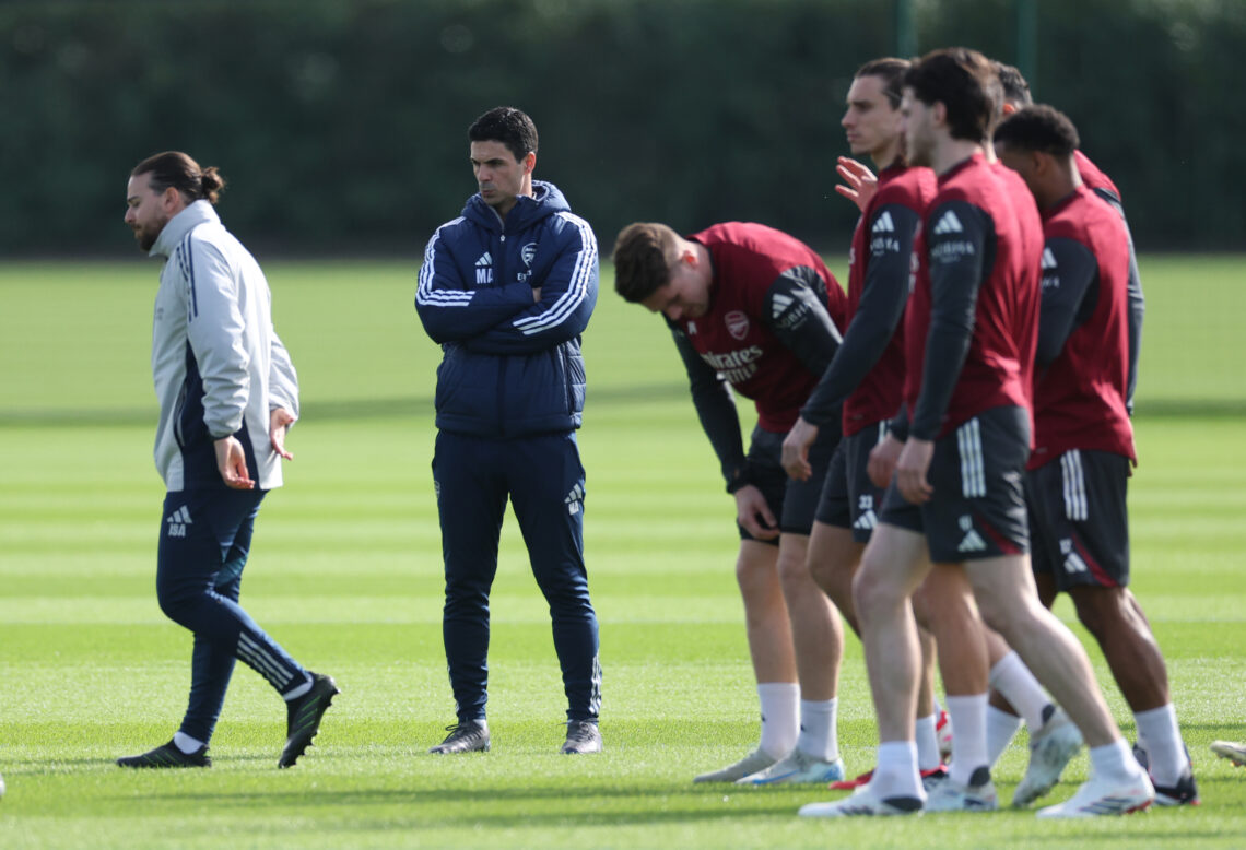 LONDON COLNEY, ENGLAND - MARCH 10: Mikel Arteta, Manager of Arsenal looks on during a Arsenal FC training session at Sobha Realty Training Centre o...