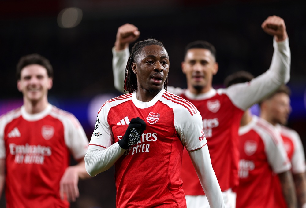 Eberechi Eze of Arsenal celebrates scoring his team's first goal during the UEFA Champions League 2025/26 Round of 16 Second Leg match between Arse...