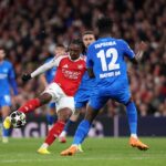 Eberechi Eze of Arsenal scores his team's first goal during the UEFA Champions League 2025/26 Round of 16 Second Leg match between Arsenal FC and Bayer 04 Leverkusen at Arsenal Stadium on March 17, 2026 in London, England. (Photo by Warren Little/Getty Images)