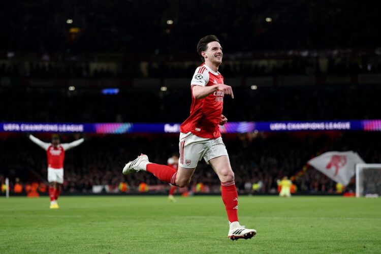Declan Rice of Arsenal celebrates scoring his team's second goal during the UEFA Champions League 2025/26 Round of 16 Second Leg match between Arse...