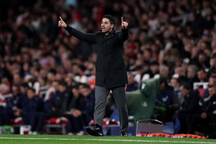 Mikel Arteta, Manager of Arsenal, reacts during the UEFA Champions League 2025/26 Round of 16 Second Leg match between Arsenal FC and Bayer 04 Leve...