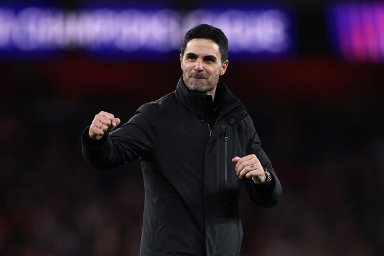 Mikel Arteta, Manager of Arsenal, celebrates after the team's victory in the UEFA Champions League 2025/26 Round of 16 Second Leg match between Ars...