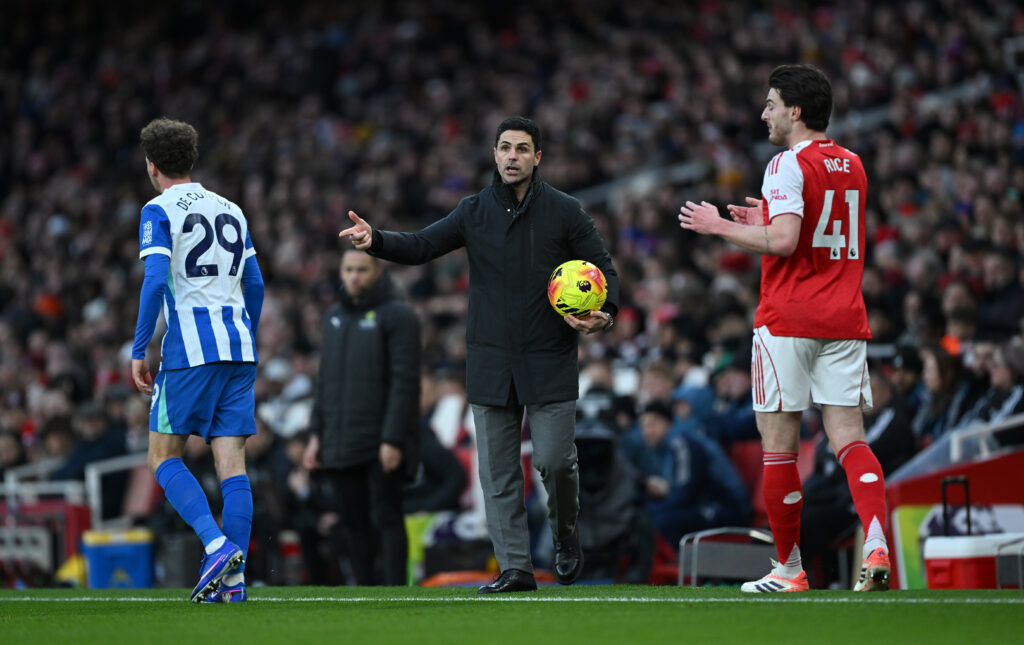 LONDON, ENGLAND - DECEMBER 27: Mikel Arteta, Manager of Arsenal, reacts during the Premier League match between Arsenal and Brighton & Hove Albion at the Emirates Stadium on December 27, 2025 in London, England. (Photo by Shaun Botterill/Getty Images)