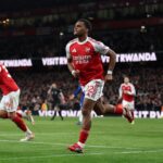 Jurrien Timber of Arsenal celebrates scoring his team's second goal during the Premier League match between Arsenal and Chelsea at Emirates Stadium on March 01, 2026 in London, England. (Photo by Justin Setterfield/Getty Images)
