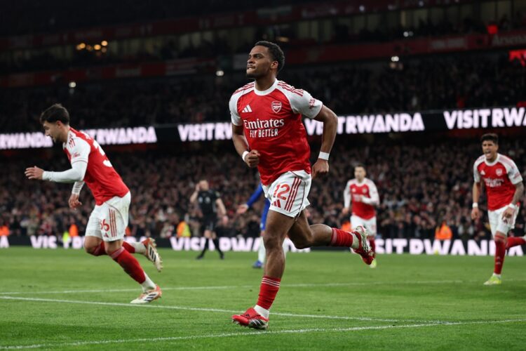 Jurrien Timber of Arsenal celebrates scoring his team's second goal during the Premier League match between Arsenal and Chelsea at Emirates Stadium...