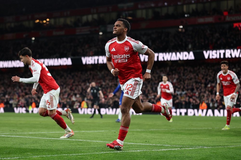 Jurrien Timber of Arsenal celebrates scoring his team's second goal during the Premier League match between Arsenal and Chelsea at Emirates Stadium on March 01, 2026 in London, England. (Photo by Justin Setterfield/Getty Images)
