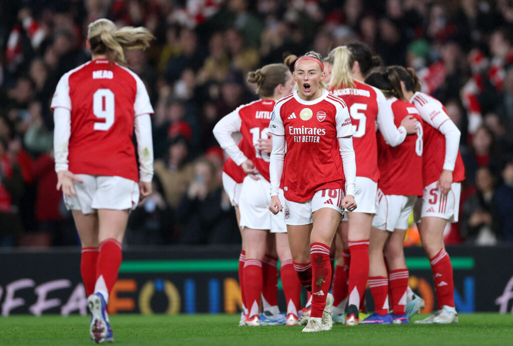 LONDON, ENGLAND - MARCH 24: Chloe Kelly of Arsenal celebrates scoring her team's second goal during the UEFA Women's Champions League 2025/26 Quarter-finals First Leg match between Arsenal and Chelsea at Arsenal Stadium on March 24, 2026 in London, England. (Photo by Justin Setterfield/Getty Images)