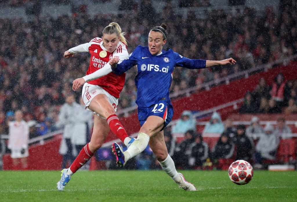 LONDON, ENGLAND - MARCH 24: Alessia Russo of Arsenal scores her team's third goal during the UEFA Women's Champions League 2025/26 Quarter-finals First Leg match between Arsenal and Chelsea at Arsenal Stadium on March 24, 2026 in London, England. (Photo by Alex Pantling/Getty Images)