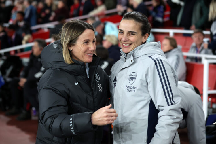 LONDON, ENGLAND - MARCH 24: Sonia Bompastor, Manager of Chelsea, and Renee Slegers, Manager of Arsenal, embrace prior to the UEFA Women's Champions...