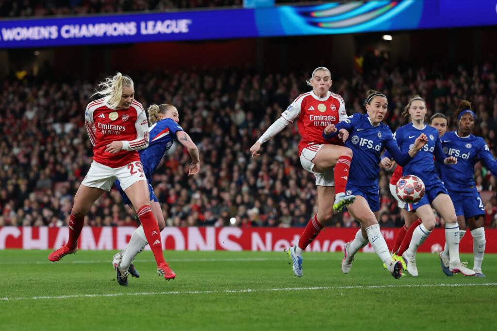 Slegers and Kelly on 'special' win over Chelsea 3 LONDON, ENGLAND - MARCH 24: Stina Blackstenius of Arsenal scores her team's first goal during the UEFA Women's Champions League 2025/26 Quarter-finals First Leg match between Arsenal and Chelsea at Arsenal Stadium on March 24, 2026 in London, England. (Photo by Justin Setterfield/Getty Images)
