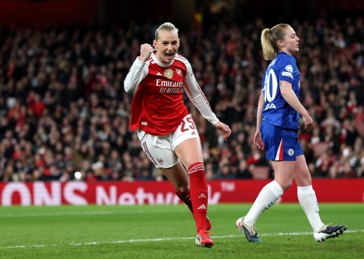 Stina Blackstenius celebrates scoring against Chelsea
