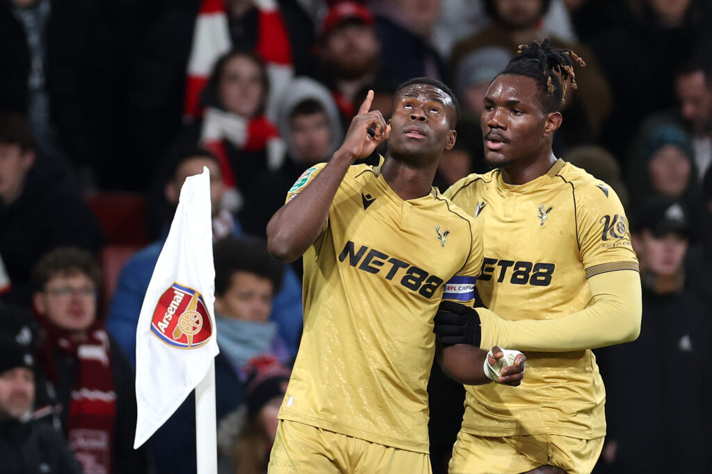 LONDON, ENGLAND - DECEMBER 23: Marc Guehi of Crystal Palace celebrates scoring his sides first goal during the Carabao Cup Quarter Final match between Arsenal and Crystal Palace at Emirates Stadium on December 23, 2025 in London, England. (Photo by Alex Pantling/Getty Images)