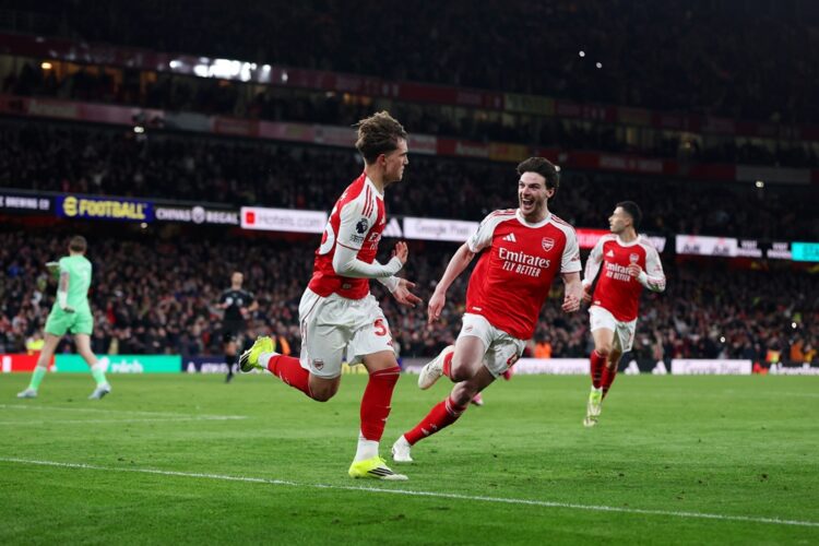 Max Dowman of Arsenal celebrates scoring his team's second goal during the Premier League match between Arsenal and Everton at Emirates Stadium on ...