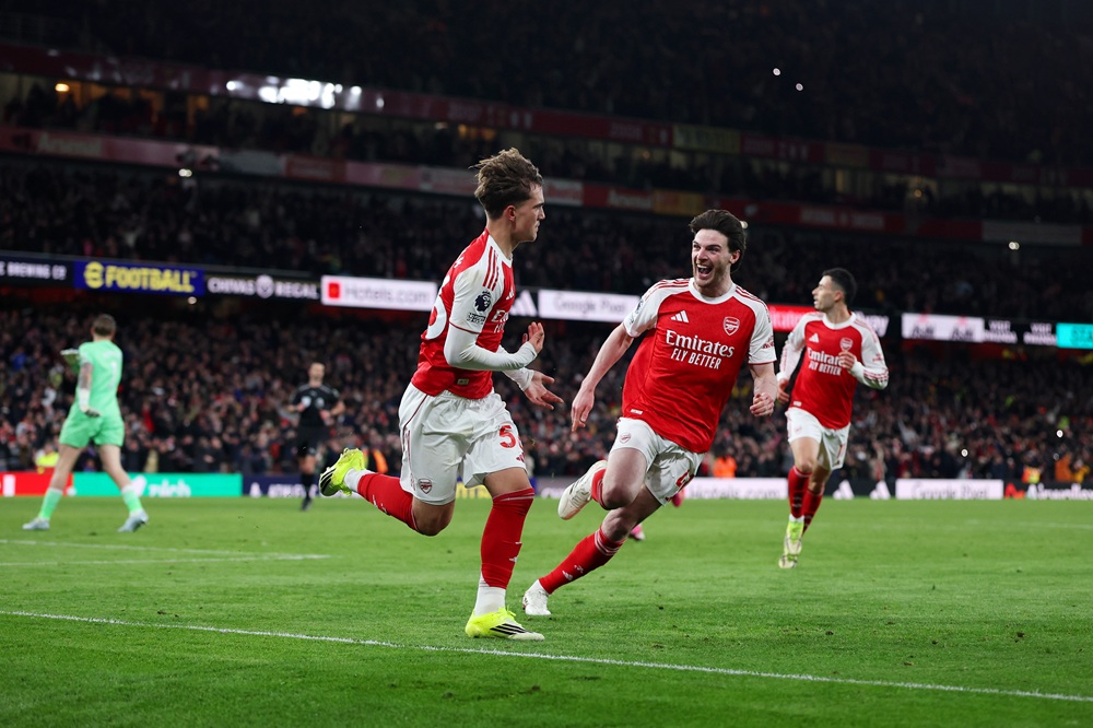 Max Dowman of Arsenal celebrates scoring his team's second goal during the Premier League match between Arsenal and Everton at Emirates Stadium on March 14, 2026 in London, England. (Photo by Alex Pantling/Getty Images)