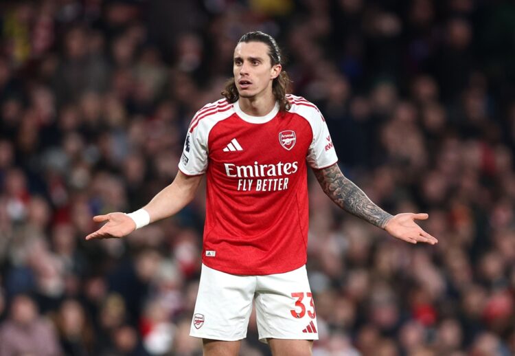 Riccardo Calafiori of Arsenal reacts during the Premier League match between Arsenal and Everton at Emirates Stadium on March 14, 2026 in London, E...