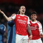 Riccardo Calafiori of Arsenal and Piero Hincapie of Arsenal celebrate victory during the Premier League match between Arsenal and Everton at Emirates Stadium on March 14, 2026 in London, England. (Photo by Alex Pantling/Getty Images)