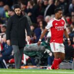 Mikel Arteta, Manager of Arsenal, reacts as Jurrien Timber of Arsenal is substituted during the Premier League match between Arsenal and Everton at Emirates Stadium on March 14, 2026 in London, England. (Photo by Alex Pantling/Getty Images)