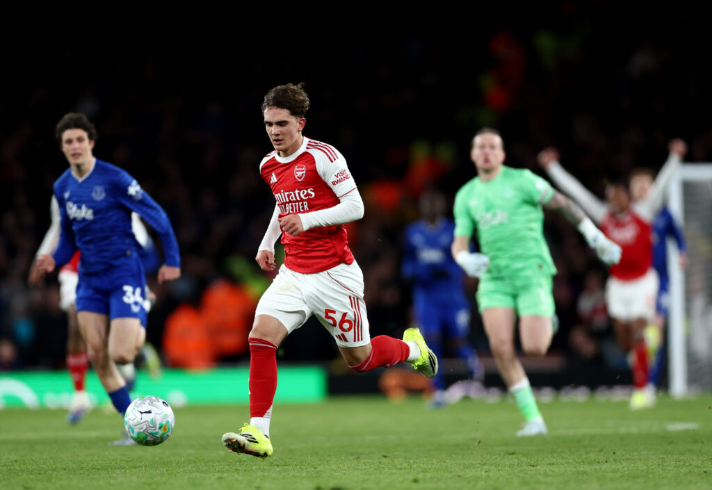 LONDON, ENGLAND - MARCH 14: Max Dowman of Arsenal runs with the ball on his way to scoring his teams second goal during the Premier League match between Arsenal and Everton at Emirates Stadium on March 14, 2026 in London, England. (Photo by Alex Pantling/Getty Images)