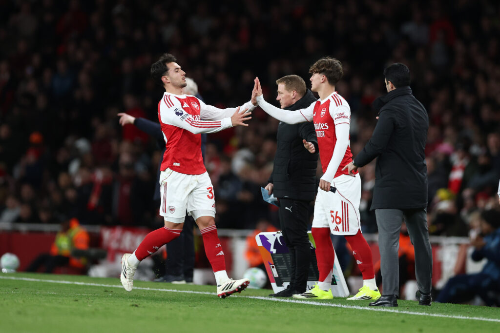 LONDON, ENGLAND - MARCH 14: Martin Zubimendi of Arsenal is replaced by teammate Max Dowman during the Premier League match between Arsenal and Everton at Emirates Stadium on March 14, 2026 in London, England. (Photo by Alex Pantling/Getty Images)
