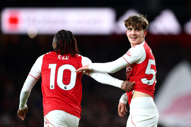 LONDON, ENGLAND - MARCH 14: Max Dowman of Arsenal celebrates scoring his team's second goal with teammate Eberechi Eze during the Premier League ma...