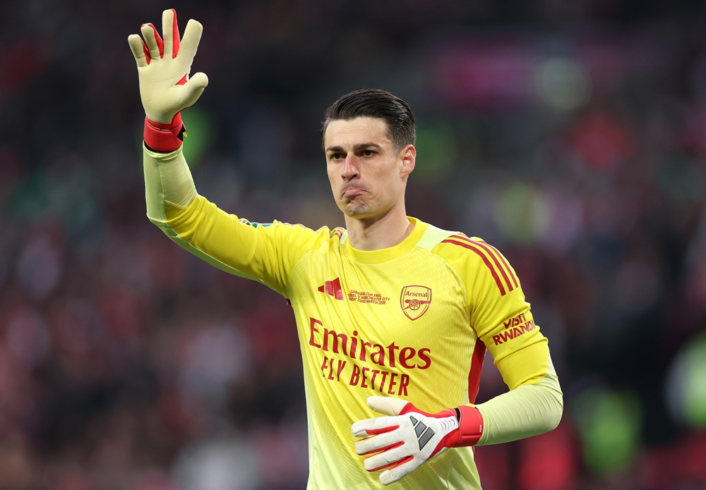 Kepa Arrizabalaga of Arsenal reacts during the Carabao Cup Final match between Arsenal and Manchester City at Wembley Stadium on March 22, 2026 in ...
