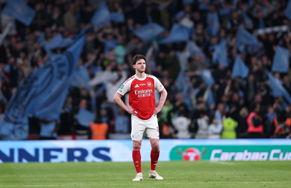 Declan Rice of Arsenal looks dejected after the team's defeat in the Carabao Cup Final match between Arsenal and Manchester City at Wembley Stadium...