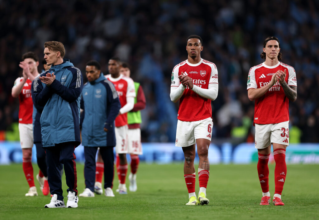 LONDON, ENGLAND - MARCH 22: Gabriel and Riccardo Calafiori of Arsenal applauds the fans after the team's defeat in the Carabao Cup Final match between Arsenal and Manchester City at Wembley Stadium on March 22, 2026 in London, England. (Photo by Justin Setterfield/Getty Images)