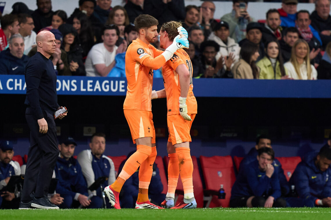 Massive blow to Spurs survival hopes 1 MADRID, SPAIN - MARCH 10: Antonin Kinsky of Tottenham Hotspur leaves the pitch after being substituted, and is replaced by Guglielmo Vicario of Tot...
