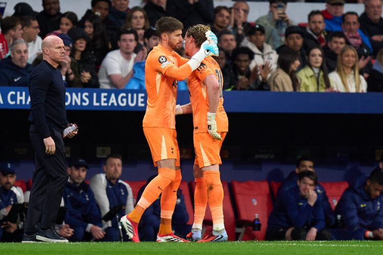 MADRID, SPAIN - MARCH 10: Antonin Kinsky of Tottenham Hotspur leaves the pitch after being substituted, and is replaced by Guglielmo Vicario of Tot...