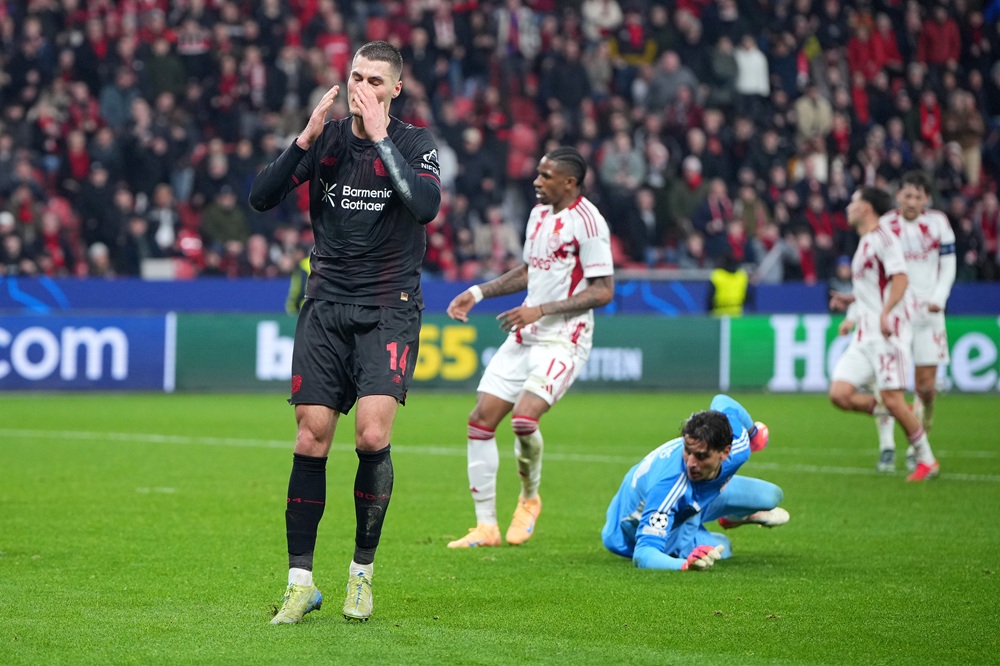 Patrik Schick of Bayer 04 Leverkusen reacts during the UEFA Champions League 2025/26 League Knockout Play-off Second Leg match between Bayer 04 Leverkusen and Olympiacos FC at BayArena on February 24, 2026 in Leverkusen, Germany. (Photo by Pau Barrena/Getty Images)