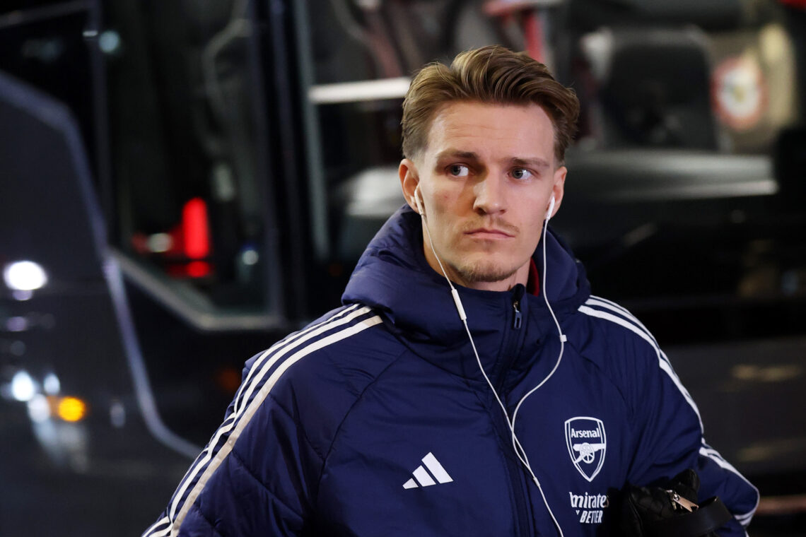 BRENTFORD, ENGLAND - FEBRUARY 12: Martin Odegaard of Arsenal arrives at the stadium prior to the Premier League match between Brentford and Arsenal...
