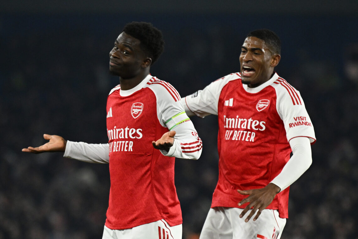 BRIGHTON, ENGLAND - MARCH 04: Bukayo Saka of Arsenal celebrates scoring his team's first goal with teammate Cristhian Mosquera during the Premier L...