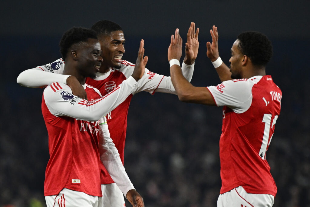 BRIGHTON, ENGLAND - MARCH 04: Bukayo Saka of Arsenal celebrates scoring his team's first goal with teammates Cristhian Mosquera and Jurrien Timber during the Premier League match between Brighton & Hove Albion and Arsenal at Amex Stadium on March 04, 2026 in Brighton, England. (Photo by Mike Hewitt/Getty Images)
