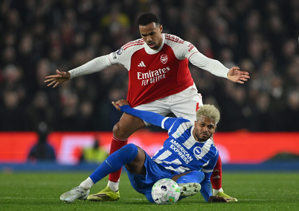 BRIGHTON, ENGLAND - MARCH 04: Georginio Rutter of Brighton and Hove Albion is fouled by Gabriel Magalhaes of Arsenal during the Premier League match between Brighton & Hove Albion and Arsenal at Amex Stadium on March 04, 2026 in Brighton, England. (Photo by Mike Hewitt/Getty Images)