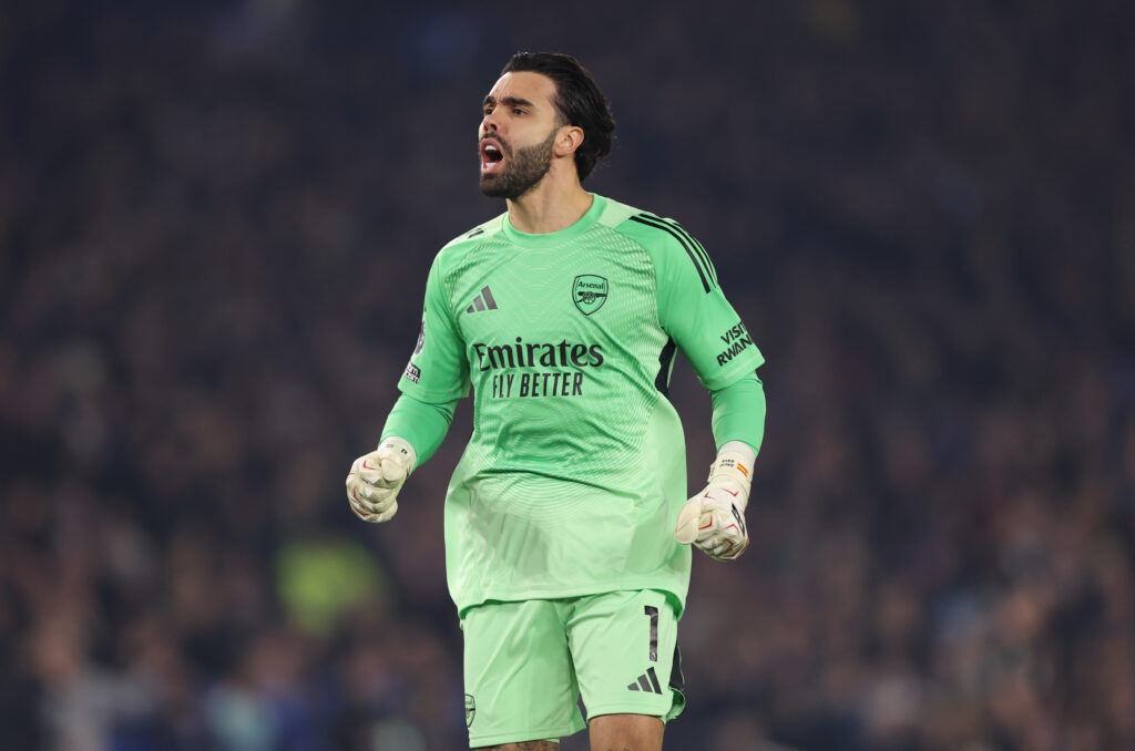 BRIGHTON, ENGLAND - MARCH 04: David Raya of Arsenal reacts during the Premier League match between Brighton & Hove Albion and Arsenal at Amex Stadium on March 04, 2026 in Brighton, England. (Photo by Ryan Pierse/Getty Images)