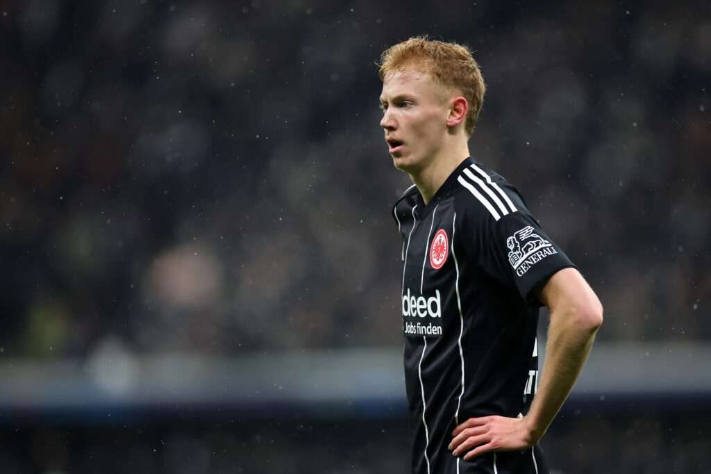 FRANKFURT AM MAIN, GERMANY - JANUARY 28: Hugo Larsson of Eintracht Frankfurt reacts during the UEFA Champions League 2025/26 League Phase MD8 match between Eintracht Frankfurt and Tottenham Hotspur at Frankfurt Stadion on January 28, 2026 in Frankfurt am Main, Germany. (Photo by Alex Grimm/Getty Images)