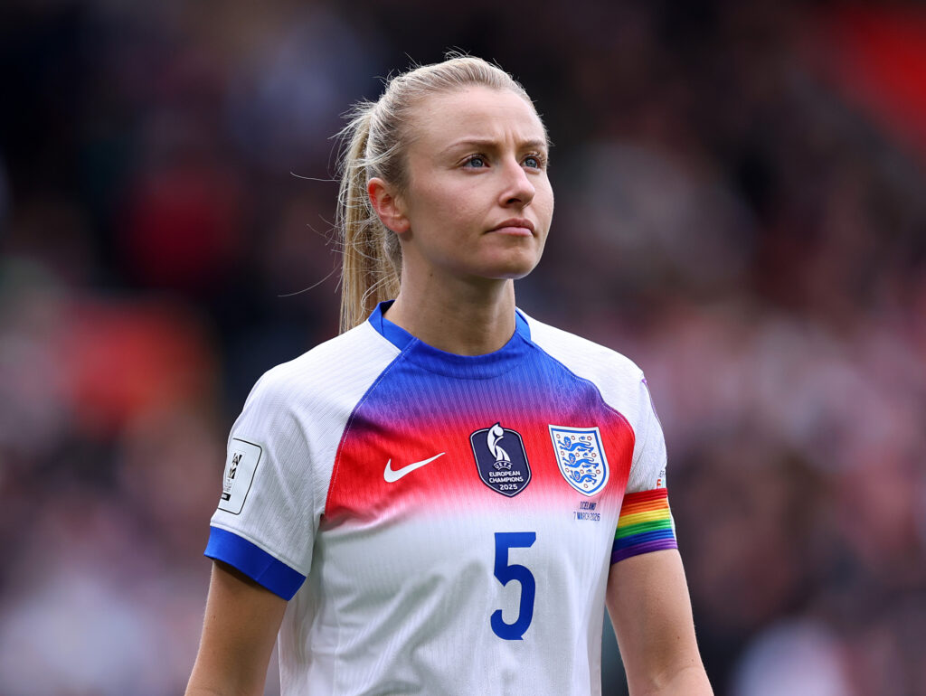NOTTINGHAM, ENGLAND - MARCH 07: Leah Williamson of England looks on during the 2027 FIFA Women's World Cup Qualifier between England and Iceland at City Ground on March 07, 2026 in Nottingham, England. (Photo by Molly Darlington/Getty Images)