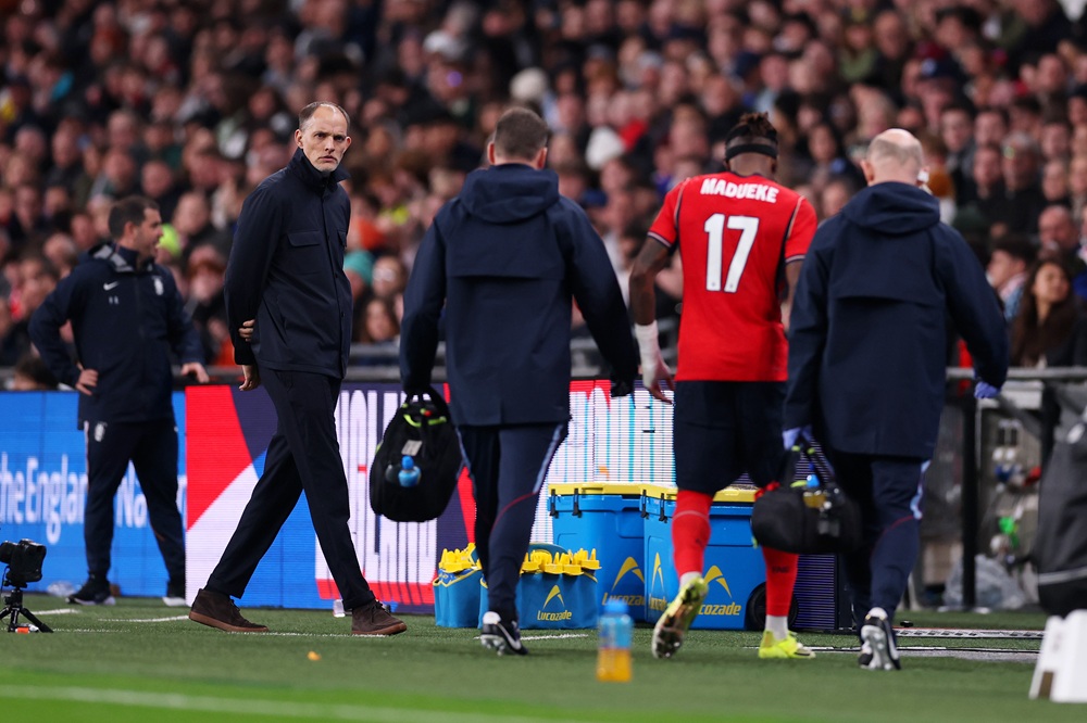 Thomas Tuchel, Head Coach of England, reacts as Noni Madueke of England leaves the pitch with a injury during the international friendly match between England and Uruguay at Wembley Stadium on March 27, 2026 in London, England. (Photo by Ryan Pierse/Getty Images)
