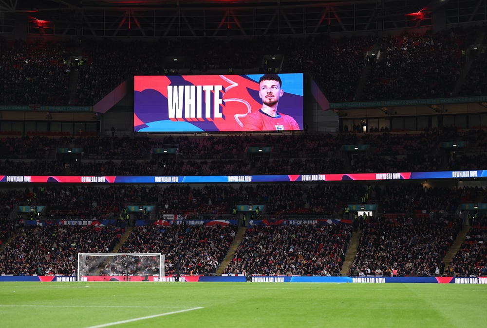 Ben White's teammates & manager address England boos 4 The screen displays a picture of Ben White of England during the international friendly match between England and Uruguay at Wembley Stadium on March 27, 2026 in London, England. (Photo by Ryan Pierse/Getty Images)