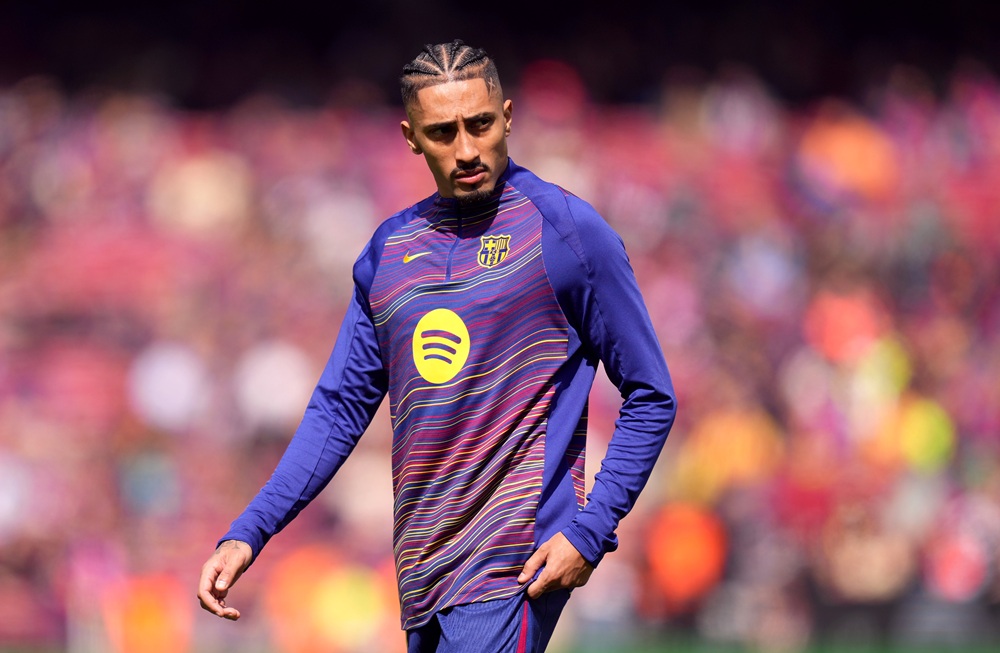 Injured Barcelona star to miss Champions League quarter & potential semi 2 Raphinha of FC Barcelona looks on during the warm up prior to the LaLiga EA Sports match between FC Barcelona and Rayo Vallecano de Madrid at Spotify Camp Nou on March 22, 2026 in Barcelona, Spain. (Photo by Alex Caparros/Getty Images)