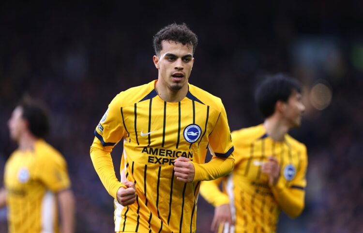 Yasin Ayari of Brighton & Hove Albion celebrates scoring his team's first goal during the Premier League match between Fulham and Brighton & Hove A...