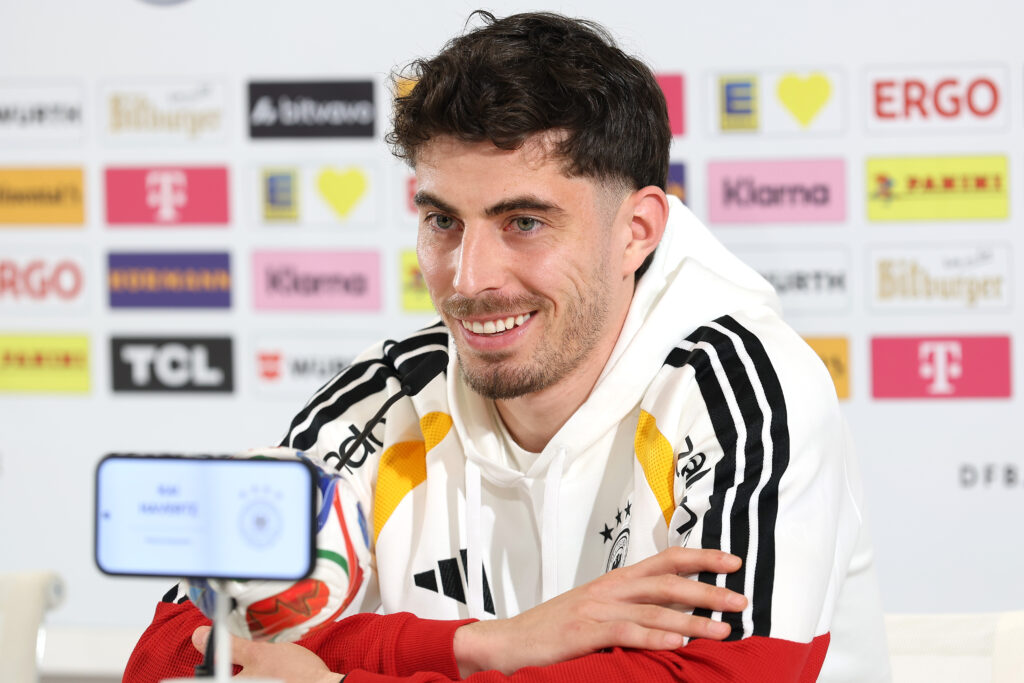 HERZOGENAURACH, GERMANY - MARCH 25: Kai Havertz of Team Germany talks to the media during a press conference at adidas Homeground on March 25, 2026 in Herzogenaurach, Germany. (Photo by Alexander Hassenstein/Getty Images)