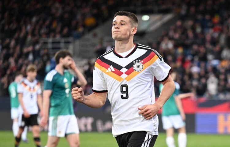 Nicolo Tresoldi of Germany celebrates scoring his team's second goal during the UEFA Under21 EURO Qualifier between Germany U21 and Northern Irelan...