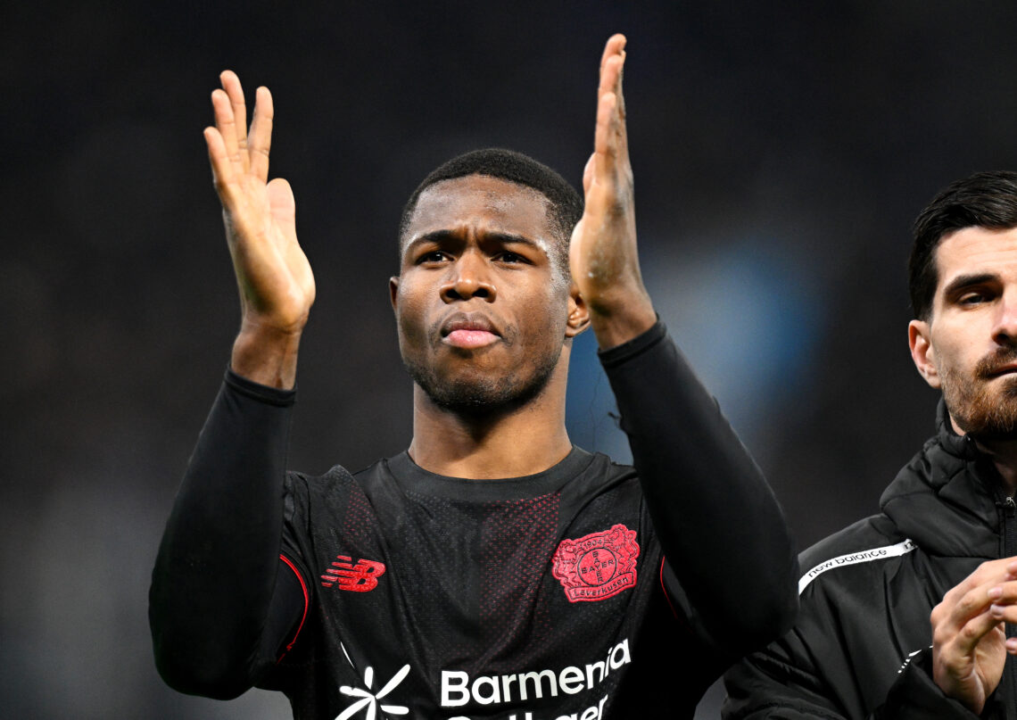 HAMBURG, GERMANY - MARCH 04: Christian Kofane of Bayer 04 Leverkusen acknowledges the fans following the teams victory in the Bundesliga match betw...