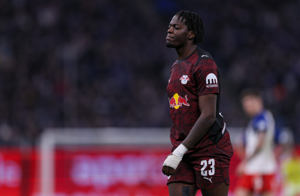HAMBURG, GERMANY - MARCH 01: Castello Lukeba of Leipzig looks on during the Bundesliga match between Hamburger SV and RB Leipzig at Volksparkstadion on March 01, 2026 in Hamburg, Germany. (Photo by Selim Sudheimer/Getty Images)