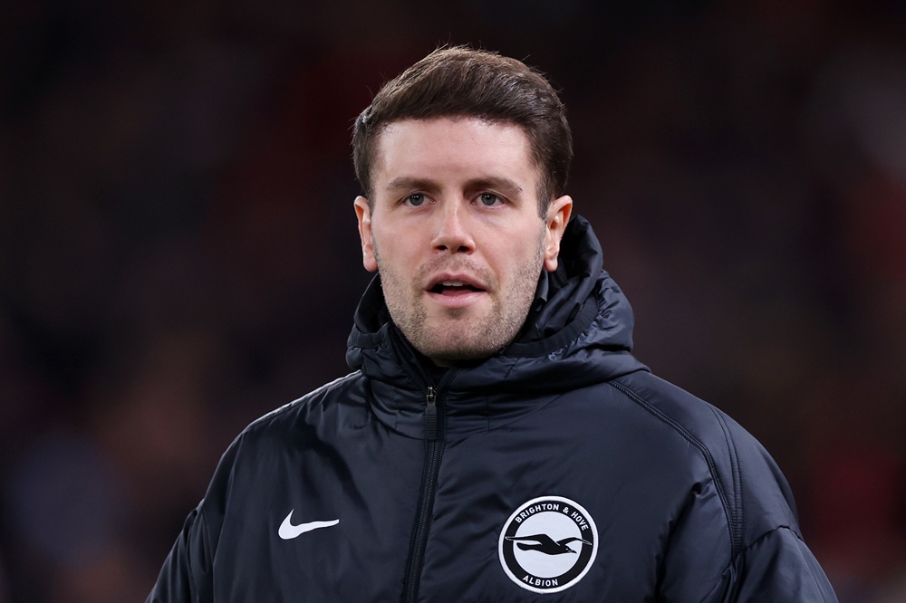 Fabian Huerzeler, Manager of Brighton & Hove Albion, looks on prior to the Emirates FA Cup Fourth Round match between Liverpool and Brighton & Hove Albion on February 14, 2026 in Liverpool, England. (Photo by Lewis Storey/Getty Images)
