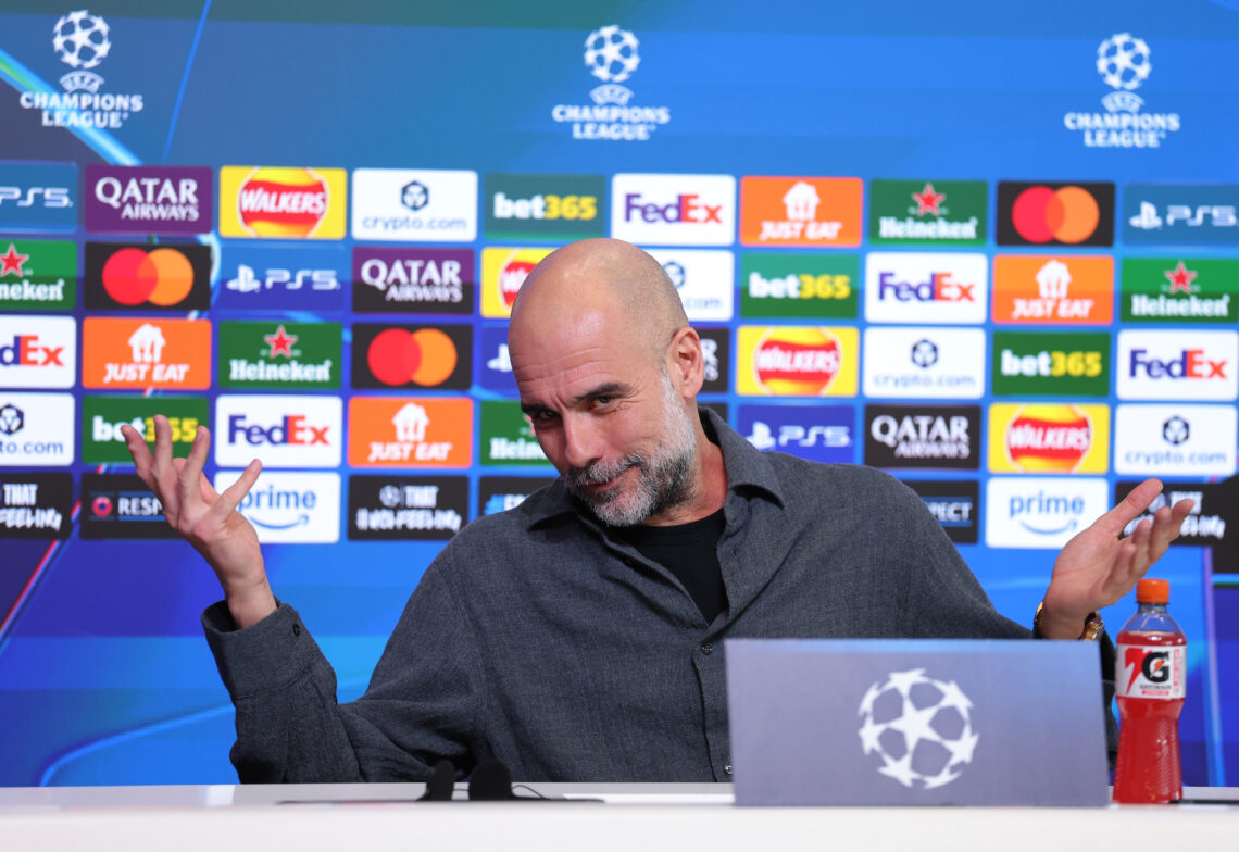 MANCHESTER, ENGLAND - MARCH 16: Pep Guardiola, Manager of Manchester City, reacts during Manchester City FC Press Conference ahead of the UEFA Cham...